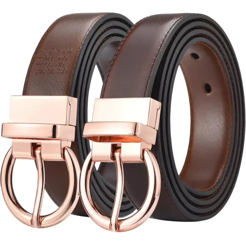 Two brown leather belts with rose gold buckles displayed with Women’s Casual Outfit including a Ribbed Turtleneck and Corduroy Pants