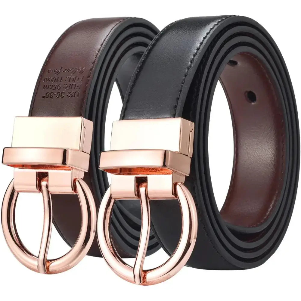 Two reversible leather belts with rose gold buckles complementing Women’s Casual Outfit with Ribbed Turtleneck and Corduroy Pants
