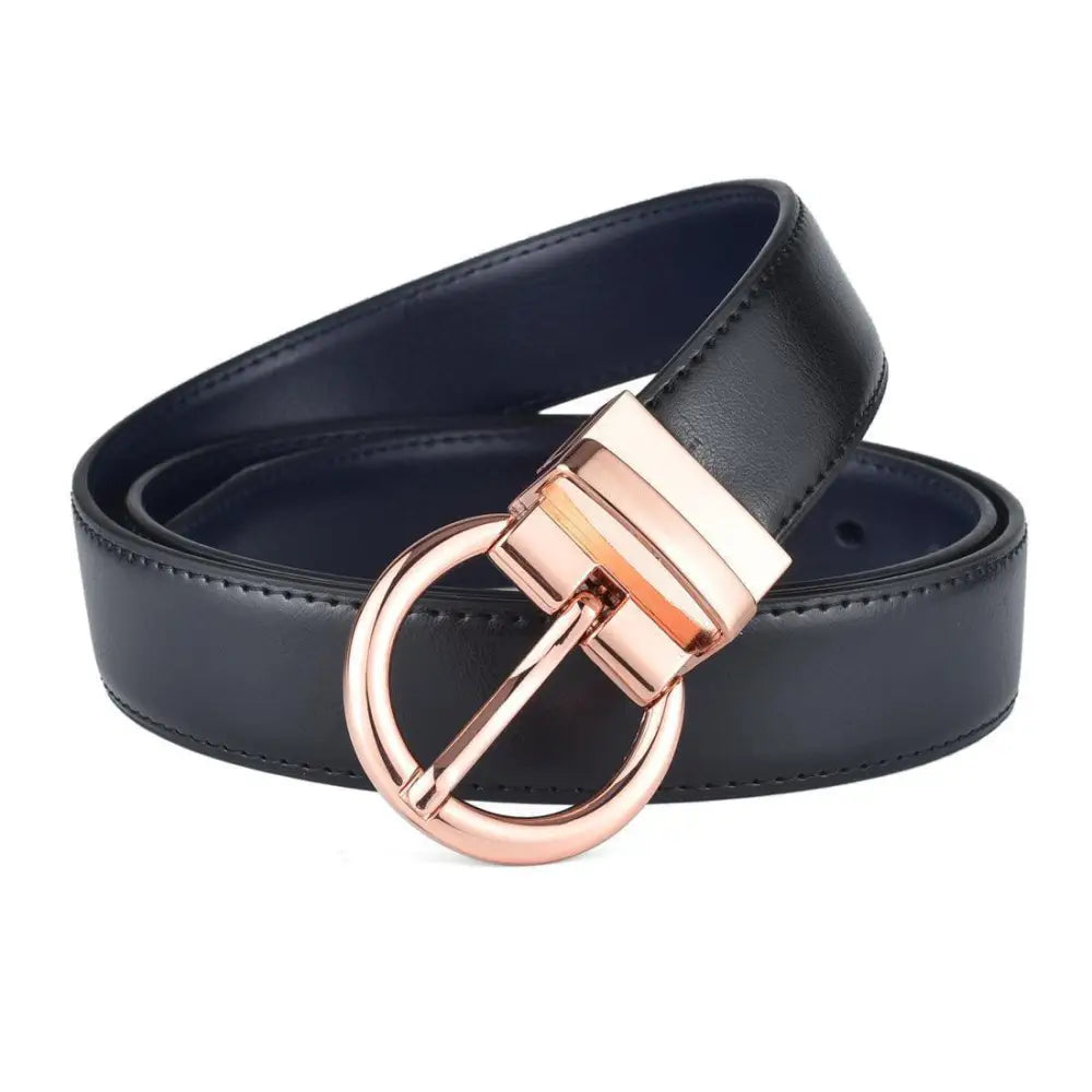 Black leather belt with a rose gold buckle featured in Women’s Casual Outfit with Ribbed Turtleneck and Corduroy Pants