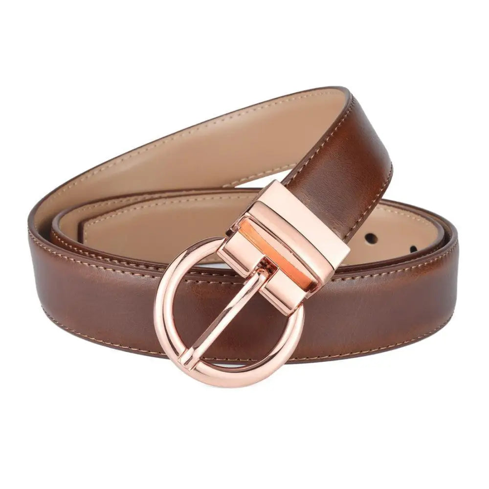 Brown leather belt with rose gold buckle for Women’s Casual Outfit featuring ribbed turtleneck and corduroy pants