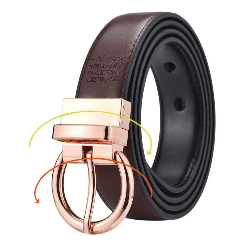 Reversible brown and black leather belt with rose gold buckle for Women’s Casual Outfit