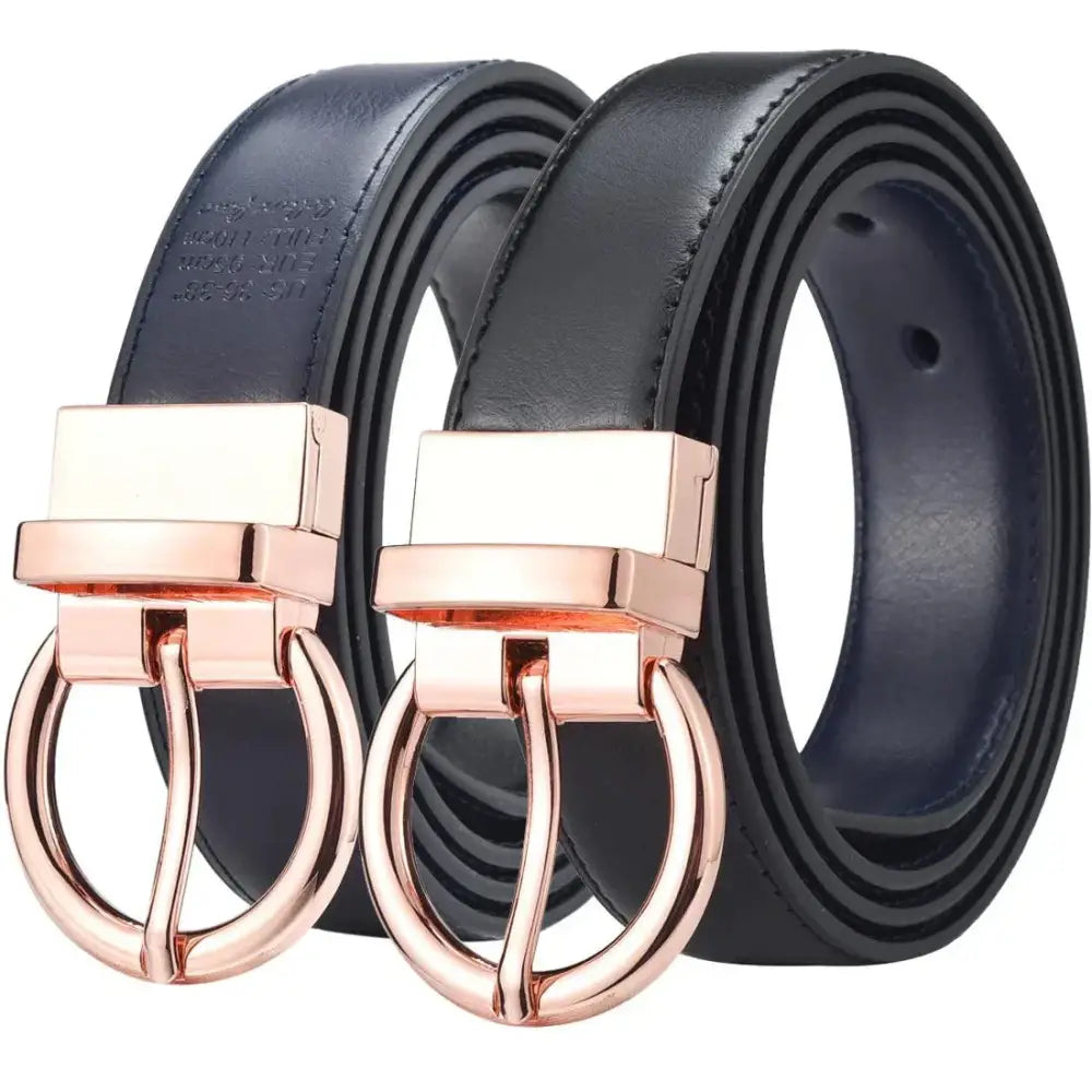 Leather belts with rose gold buckles complement Women’s Casual Outfit with Ribbed Turtleneck and Corduroy Pants
