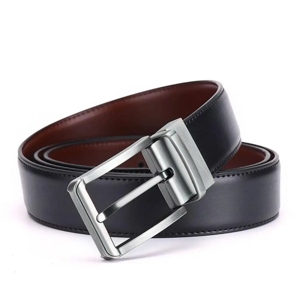 Lucas Leather Belt with Silver Buckle featuring reversible black and brown leather design