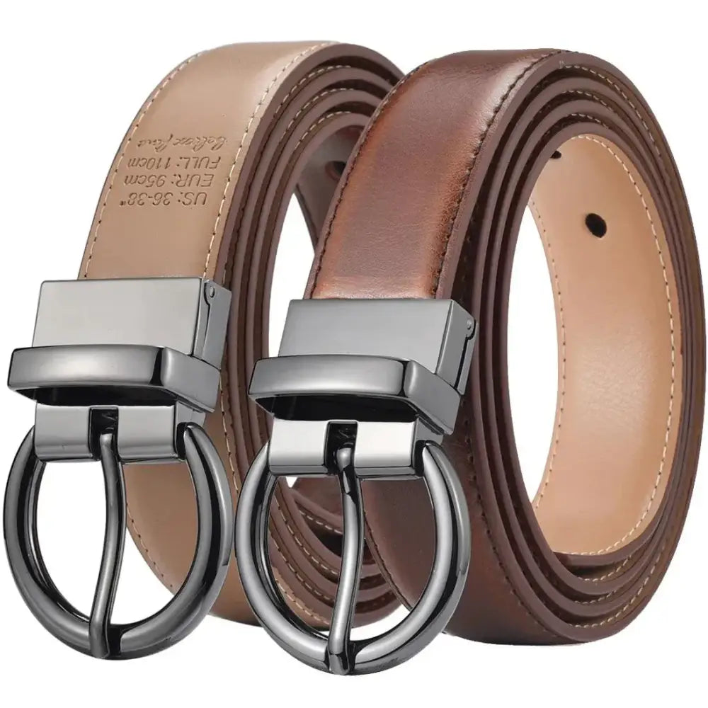 Reversible Leather Belt with Circular Buckle in Brown and Black, stylish men’s accessory