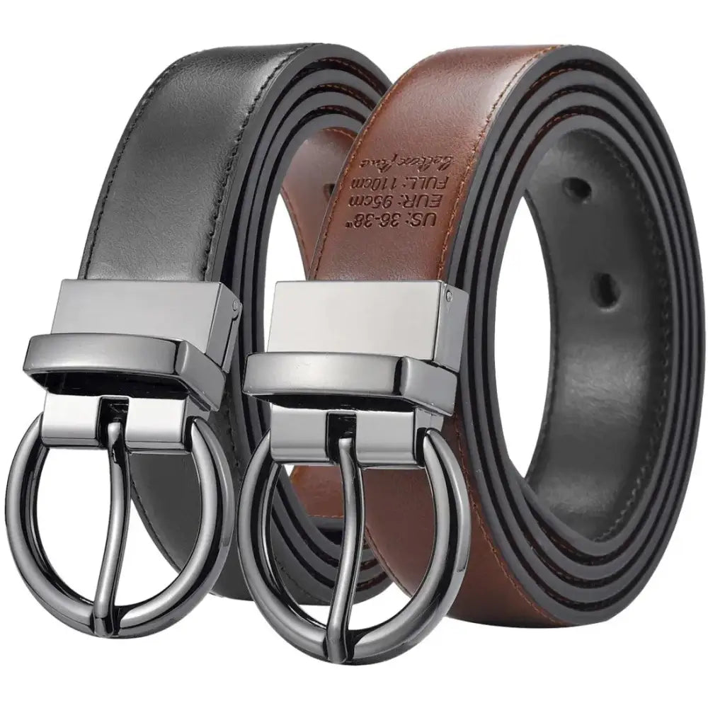 Reversible leather belts with circular buckle in brown and black displayed together