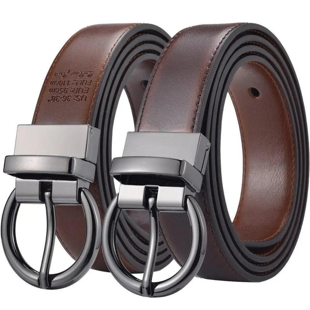 Reversible brown leather belt with circular buckle, ideal for versatile style options