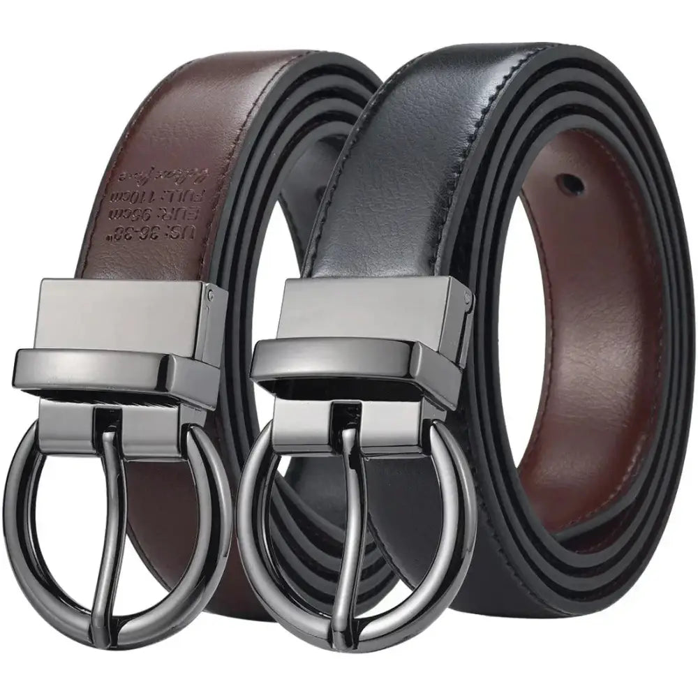 Reversible leather belts with circular buckles in Brown and Black for versatile style