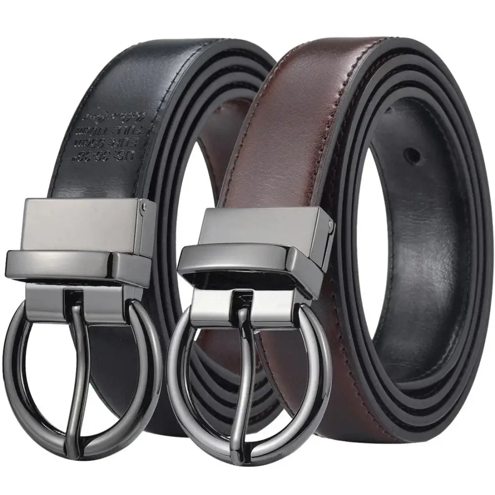 Reversible leather belts with circular metal buckles in brown and black for versatile style