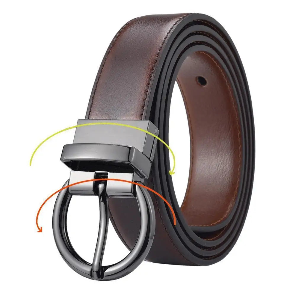 Reversible leather belt in brown and black with circular buckle for versatile style