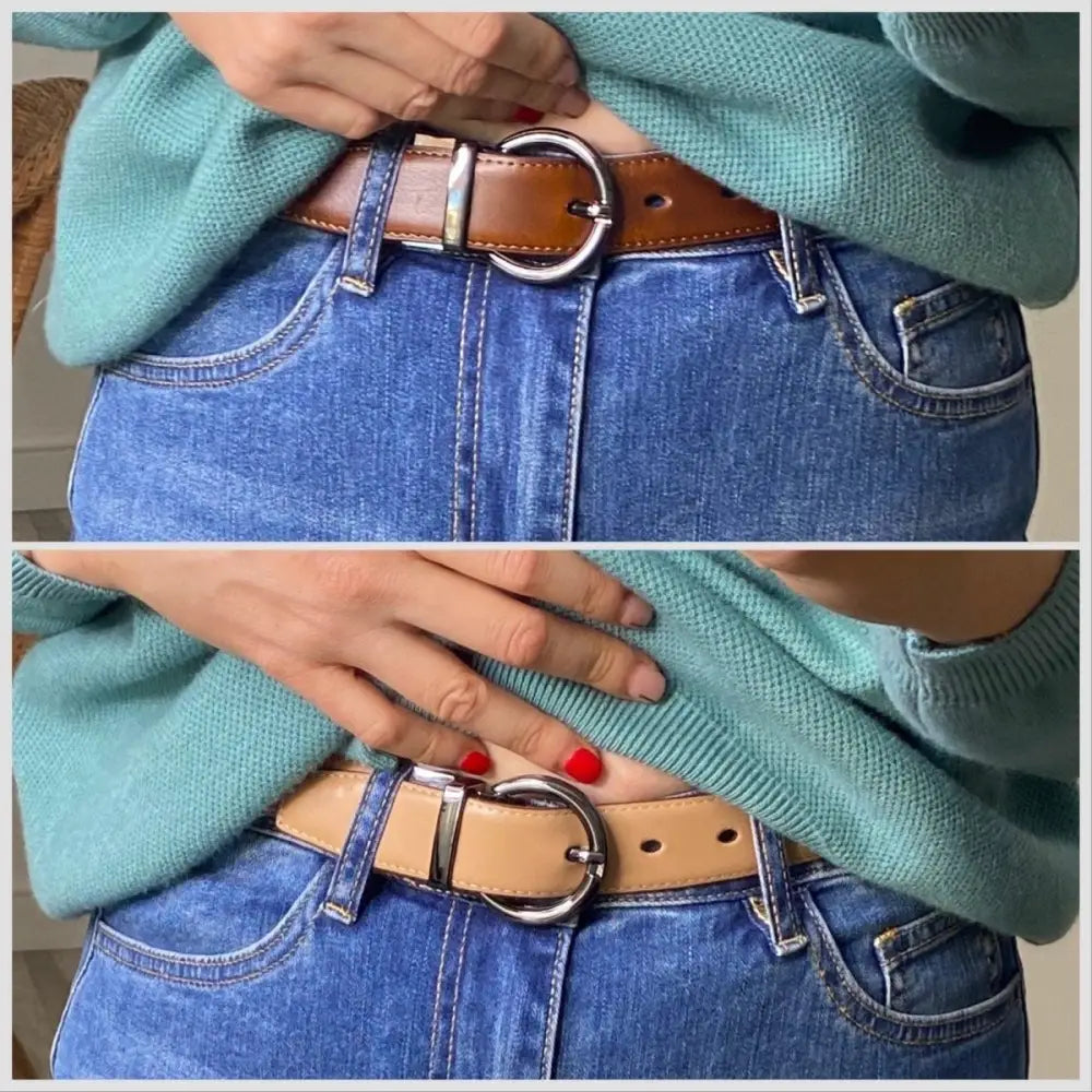 Reversible Leather Belt with Circular Buckle in Brown and Black featuring two leather belts with silver buckles