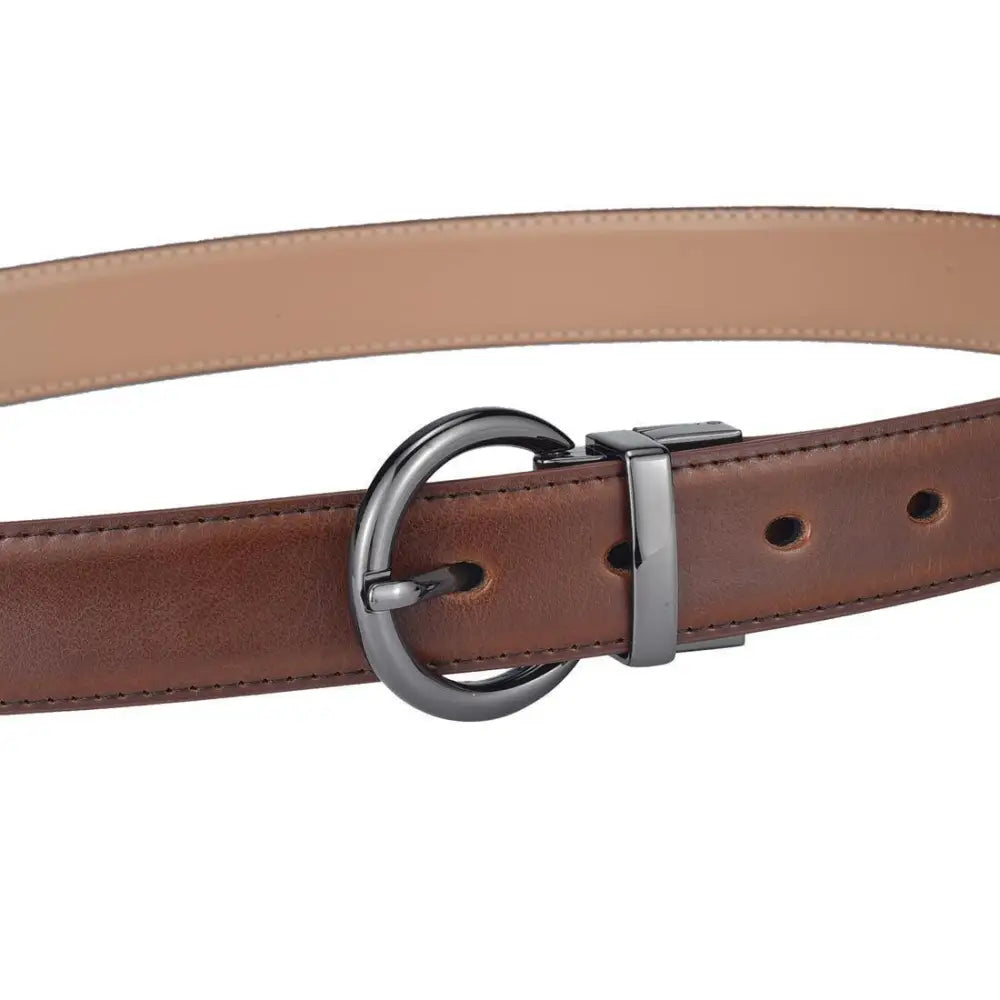 Reversible brown leather belt with dark metal circular buckle for versatile style