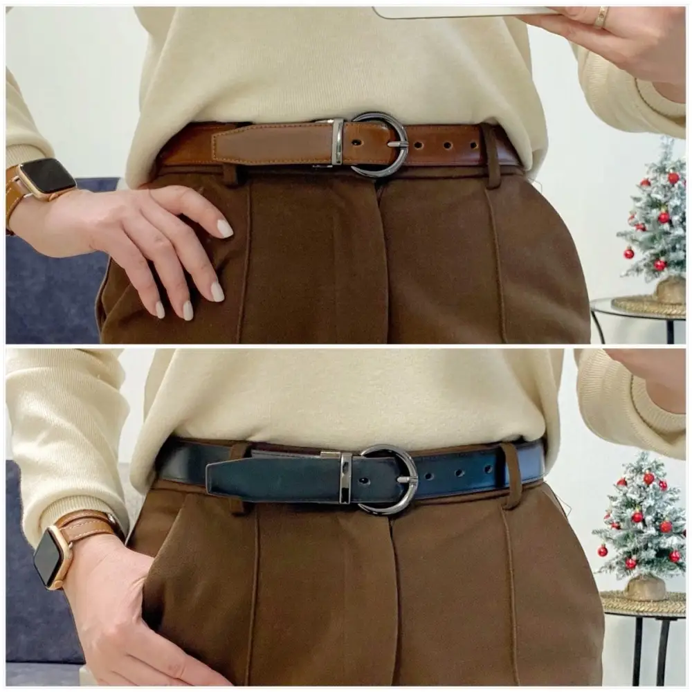 Reversible brown and black leather belt with circular buckle suitable for formal wear