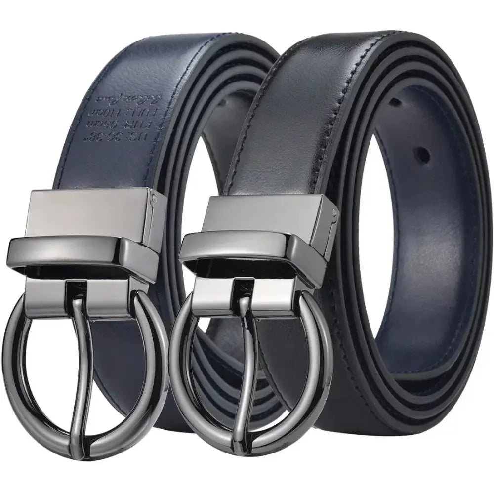 Reversible leather belts with circular buckle in Brown and Black for versatile fashion