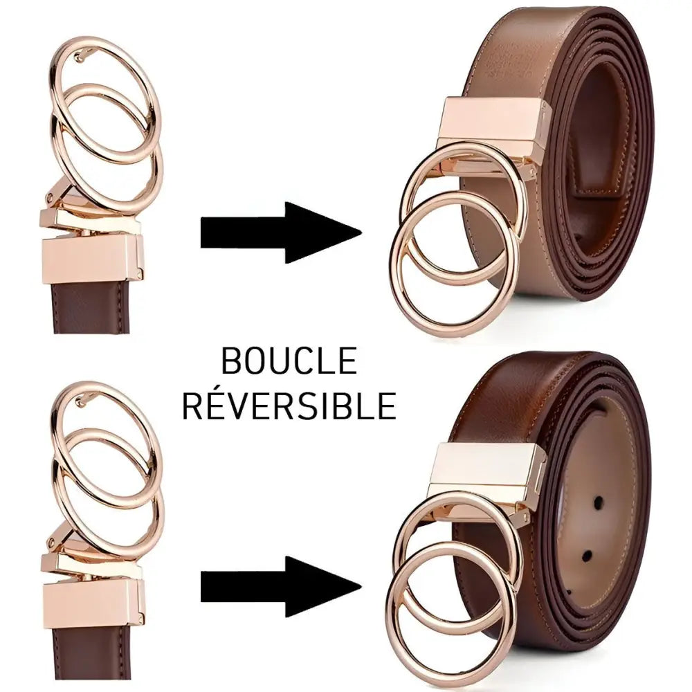 Reversible leather Lena belt with circular buckle, 2-in-1 design for women