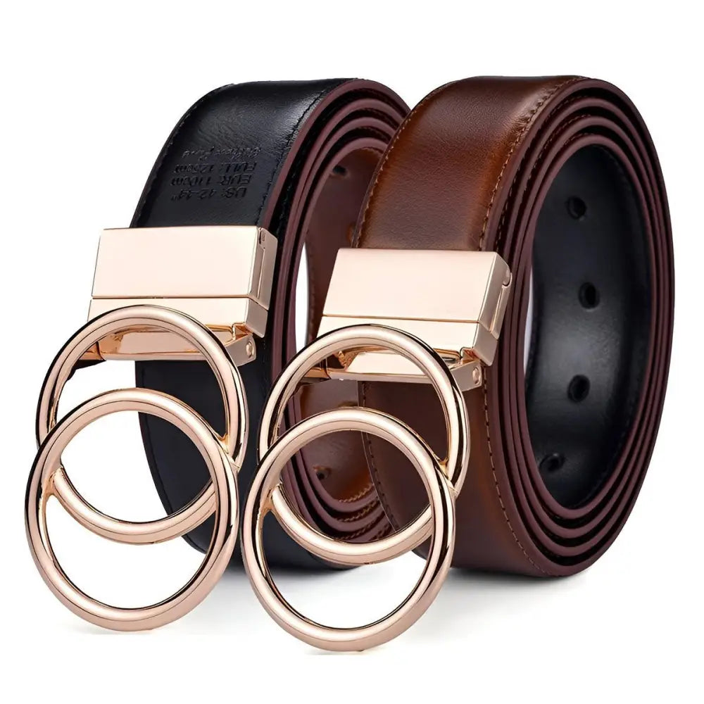Lena belt reversible leather belt with gold-tone circular buckles for women, model Lena