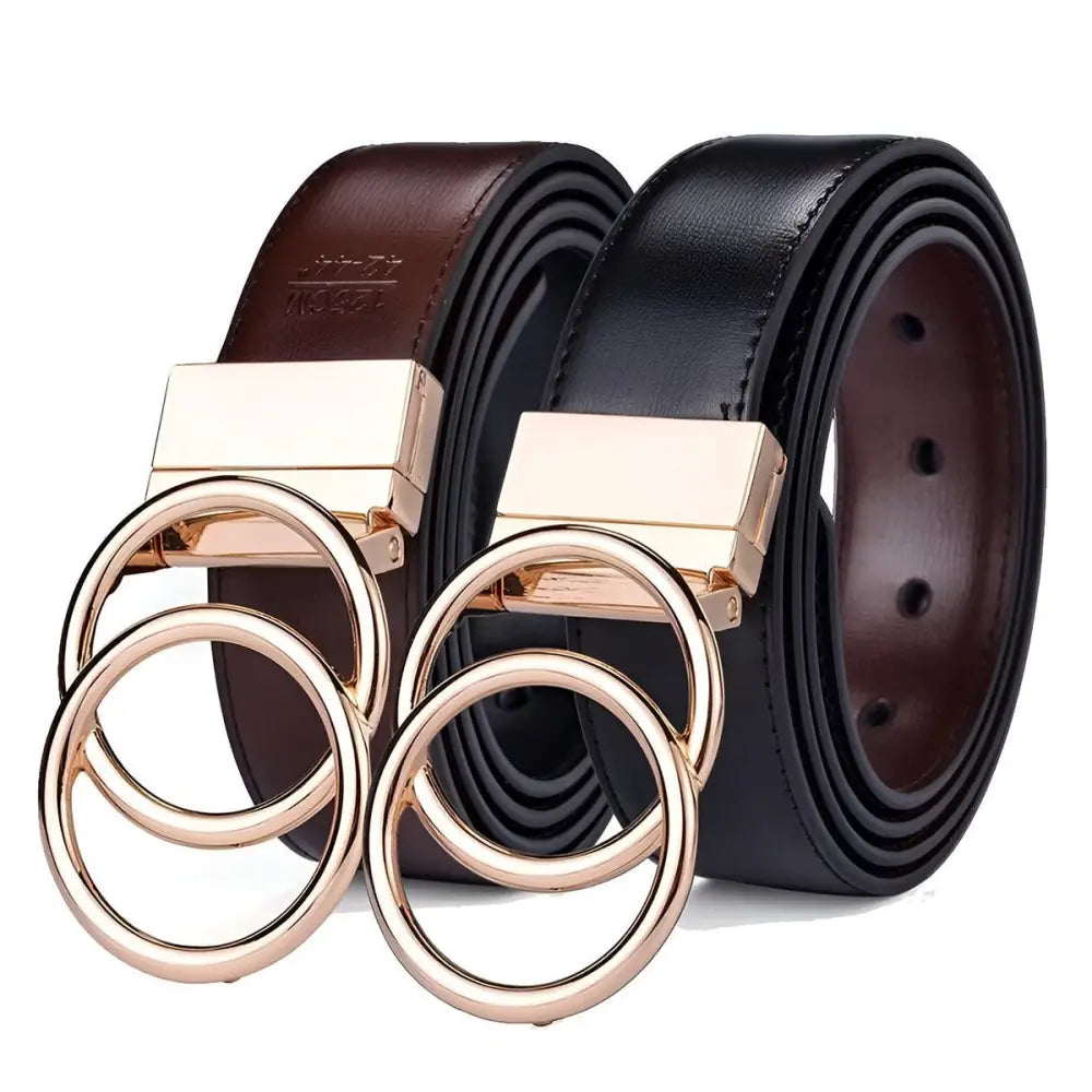 Lena belt with two leather straps and gold-colored circular buckles for women