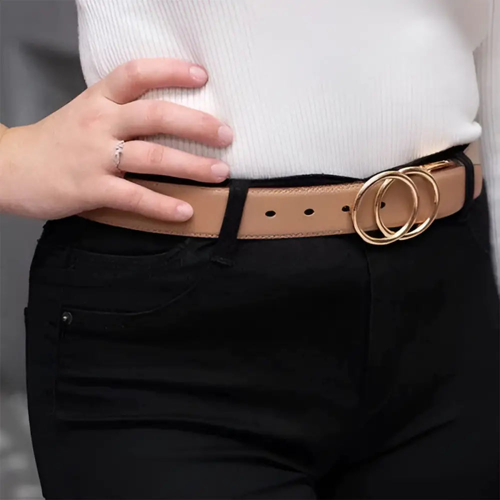 Tan leather belt with interlocking gold circles.