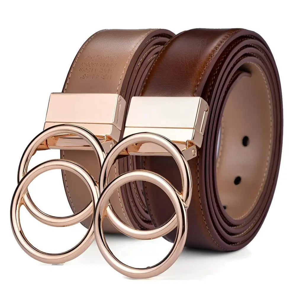 Lena belt showing two leather belts with circular buckles, reversible design for women
