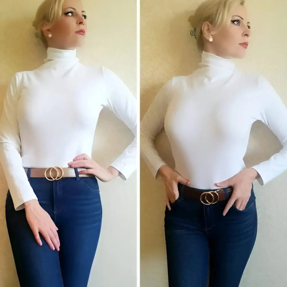 Woman wearing white turtleneck and jeans showcasing Lena belt reversible leather 2 in 1
