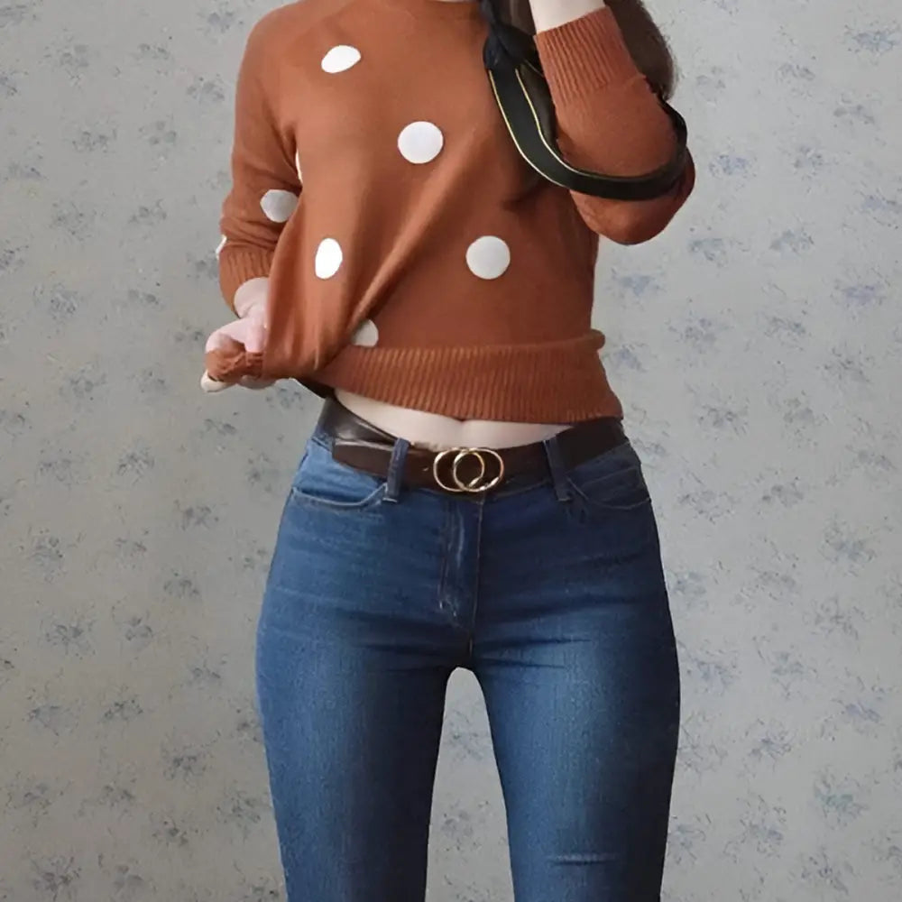 Brown polka dot sweater paired with Lena belt reversible 2-in-1 for women