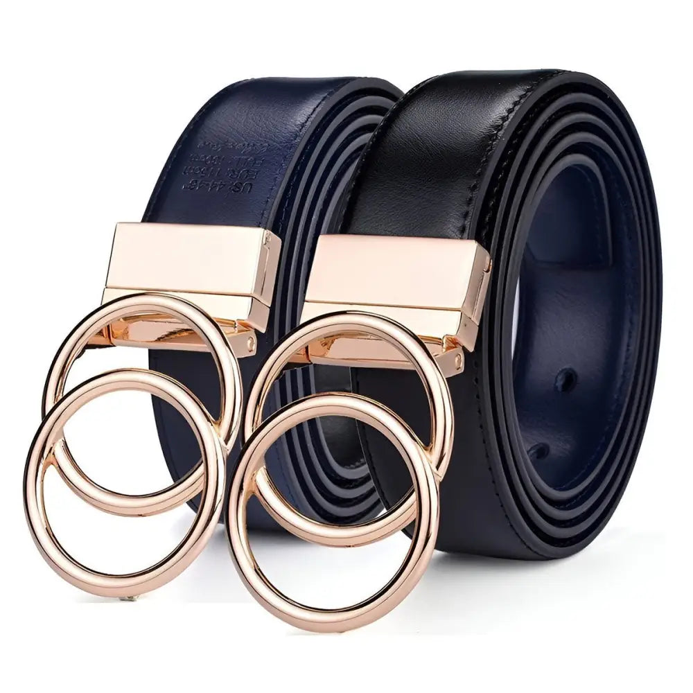 Lena belt with two leather straps and gold ring buckles for versatile style