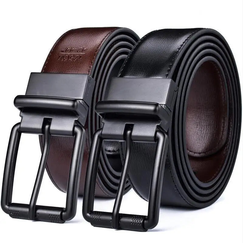 Black leather belt with square metal buckle ideal for reversible leather wear
