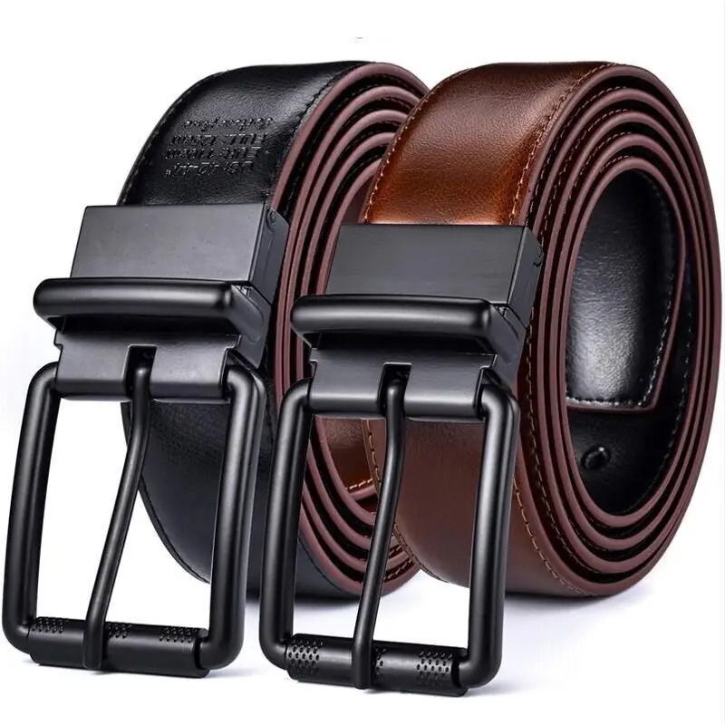 Reversible leather belt with black square metal buckle displayed in product image