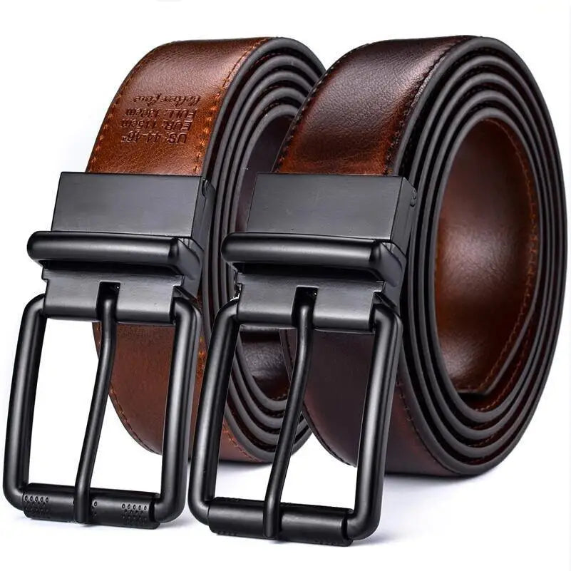 Two brown reversible leather belts with black square metal buckles for versatile wear