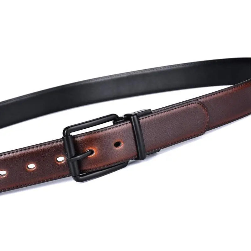 Brown leather belt with black buckle, reversible leather design for versatile wear