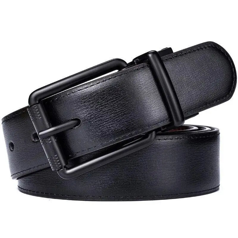 Black reversible leather belt with square metal buckle for versatile wear