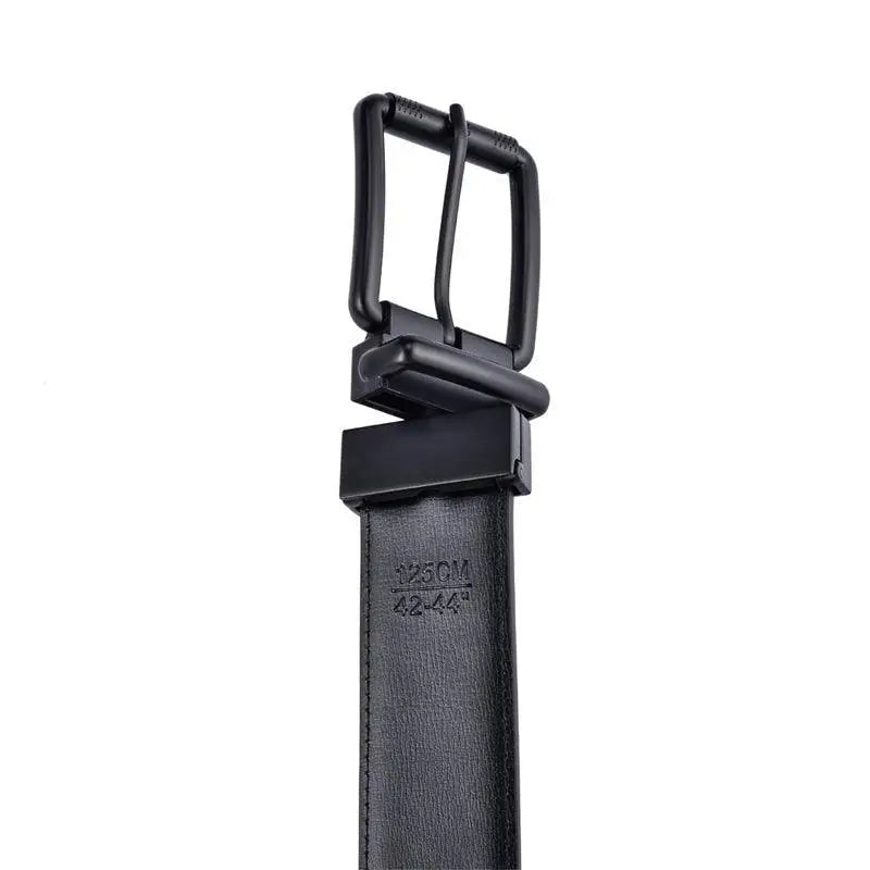Black reversible leather belt with square metal buckle for versatile wear