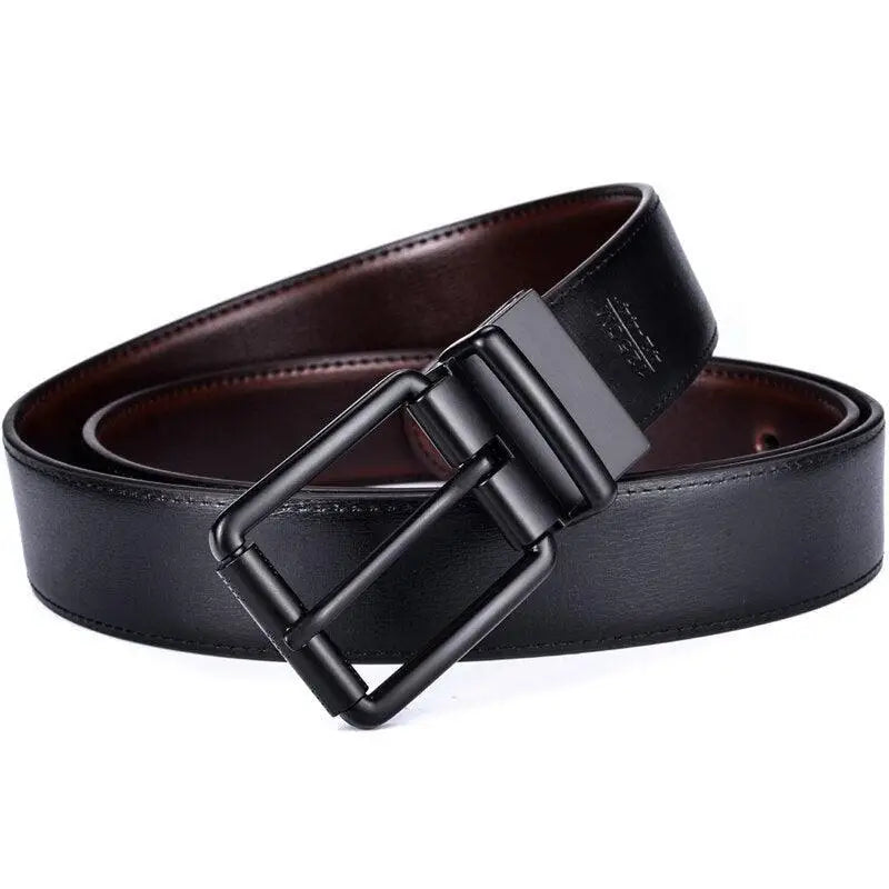 Black leather belt with square metal buckle, reversible leather design for versatile wear