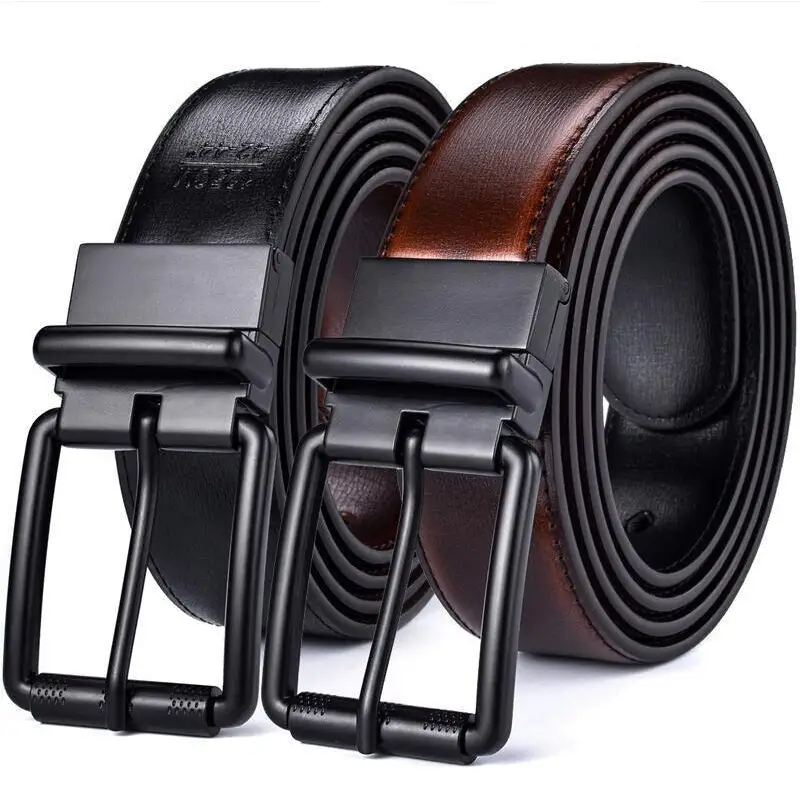 Black leather belt with square metal buckle, reversible leather design for versatile wear