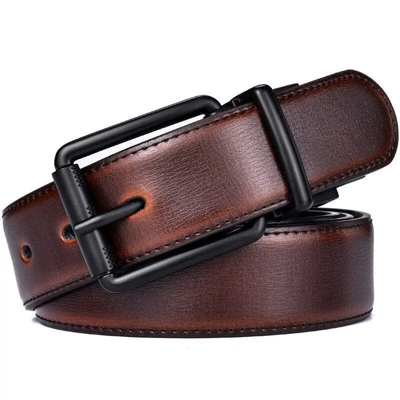 Brown leather belt with black buckle, reversible leather belt for versatile wear