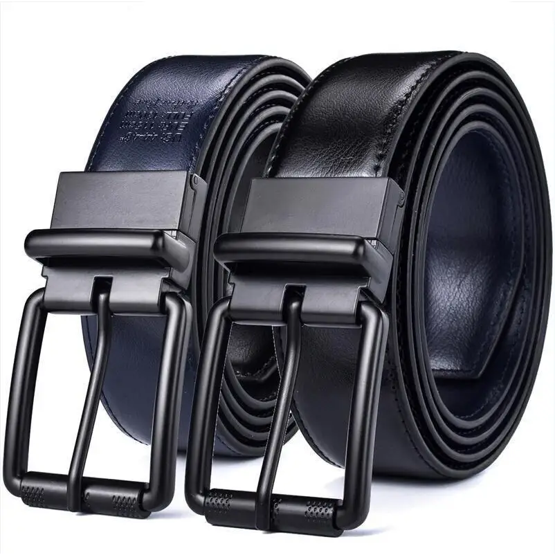 Two rolled reversible leather belts with black square metal buckles for versatile wear