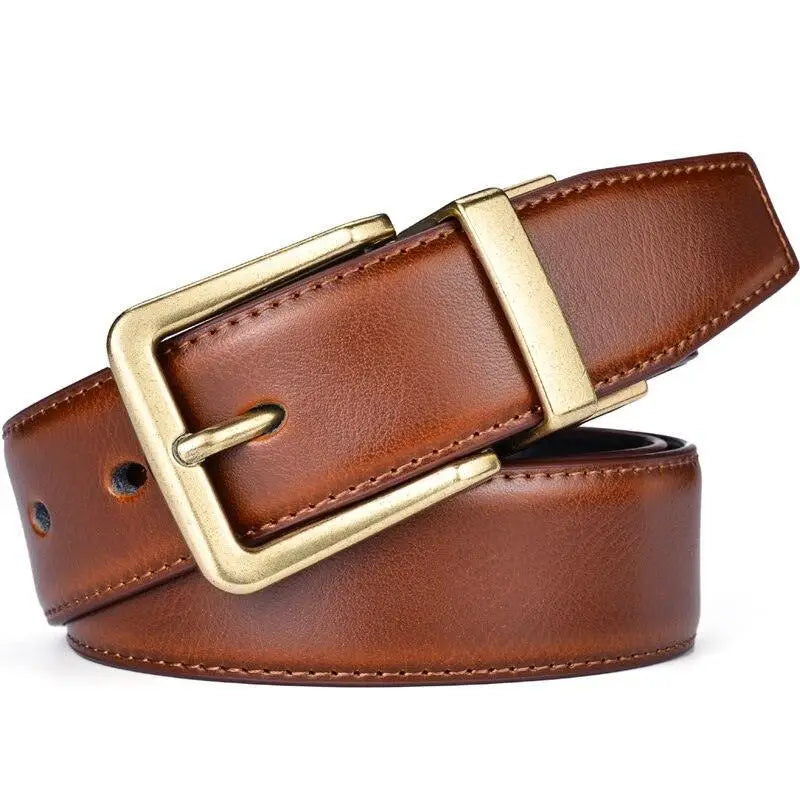 Brown leather belt with gold buckle from Isaac Men’s Reversible Leather Belt collection