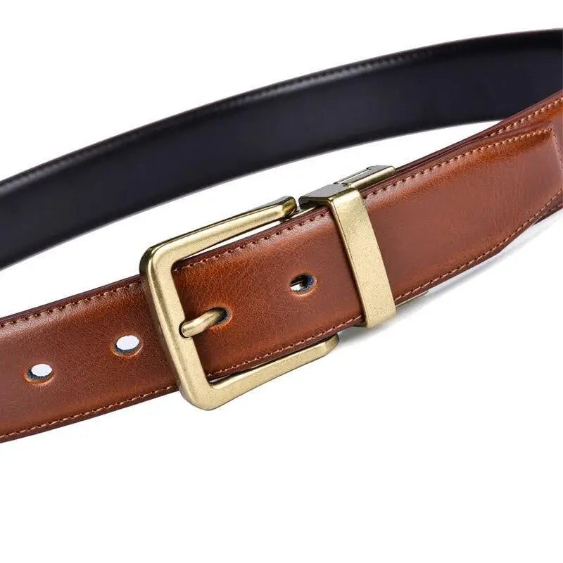 Brown leather belt with gold buckle, Isaac Men’s Reversible Leather Belt for men