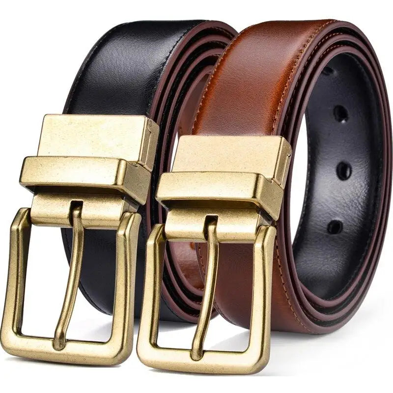 Isaac Men’s Reversible Leather Belt with Gold Buckle showcasing versatile reversible leather design