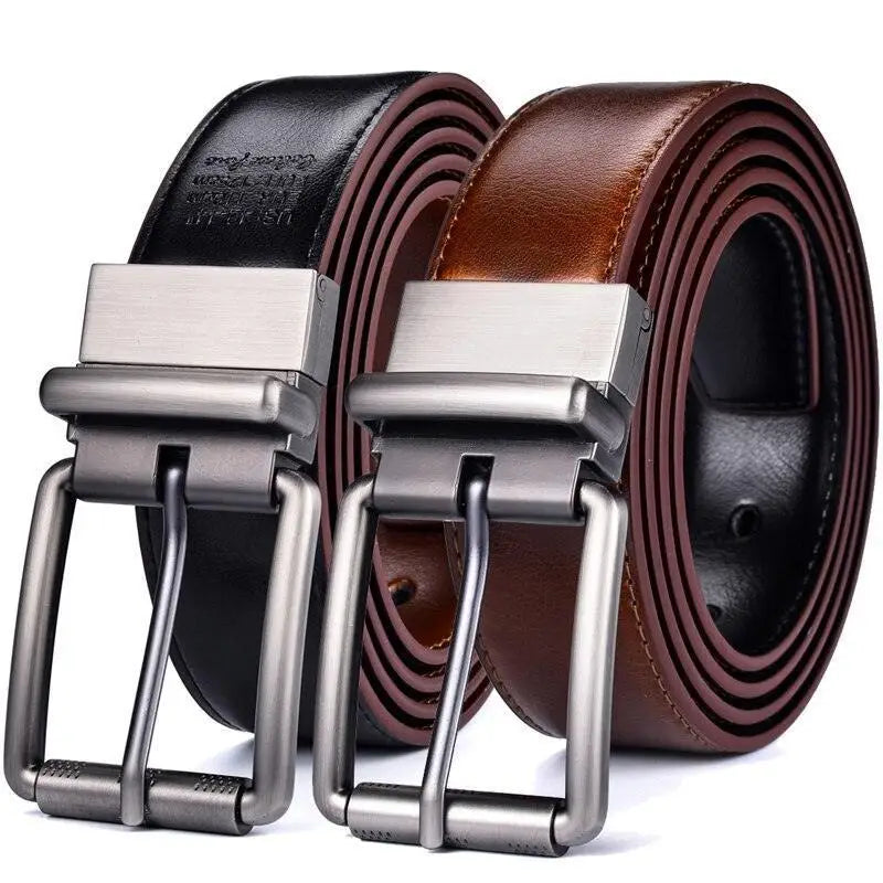 Genuine leather reversible belts with metal and silver buckle display for versatile fashion