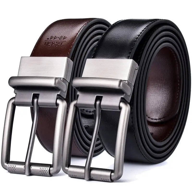 Genuine leather reversible belts with metal and silver buckles for versatile style