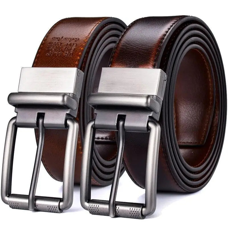 Genuine leather reversible belts with silver buckles displayed in the product image