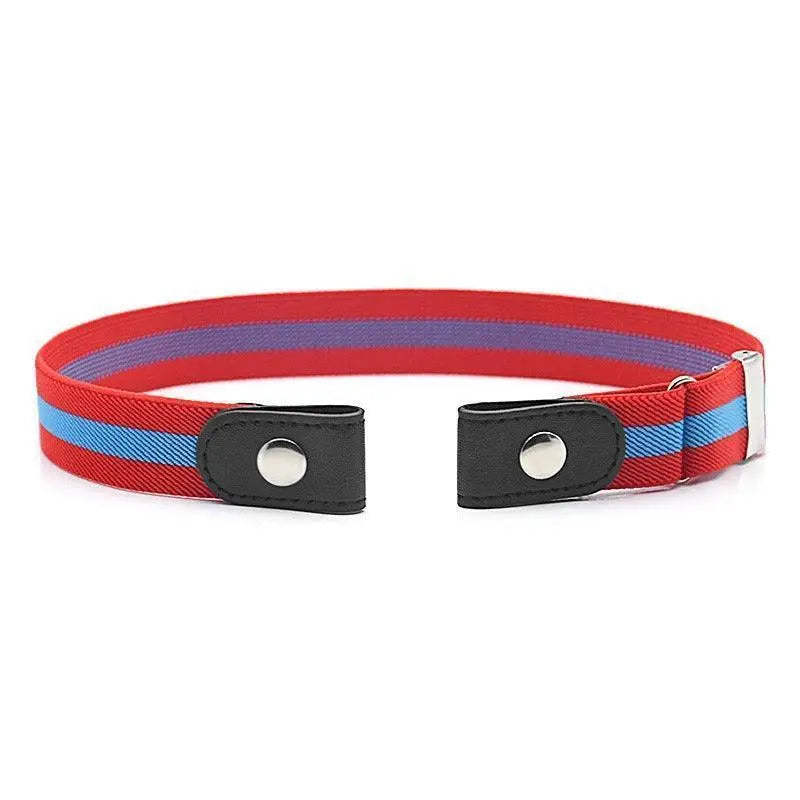 Red, blue, and purple striped Mareta Elastic Belt with snap closures from the Mareta Elastic Belt Collection