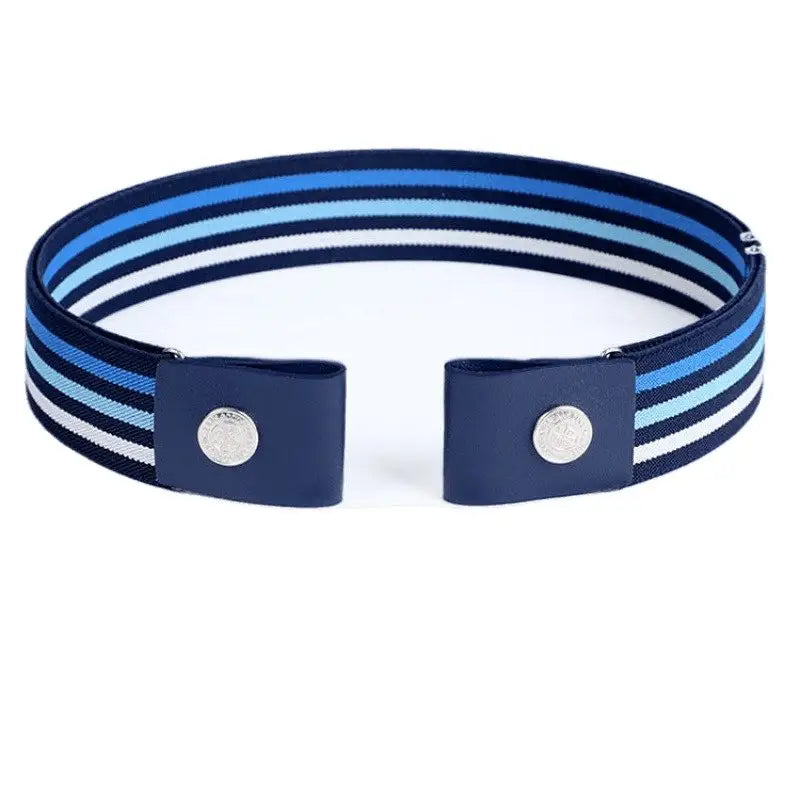 Striped elastic belt with leather tabs and snap closure for stylish waist adjustment