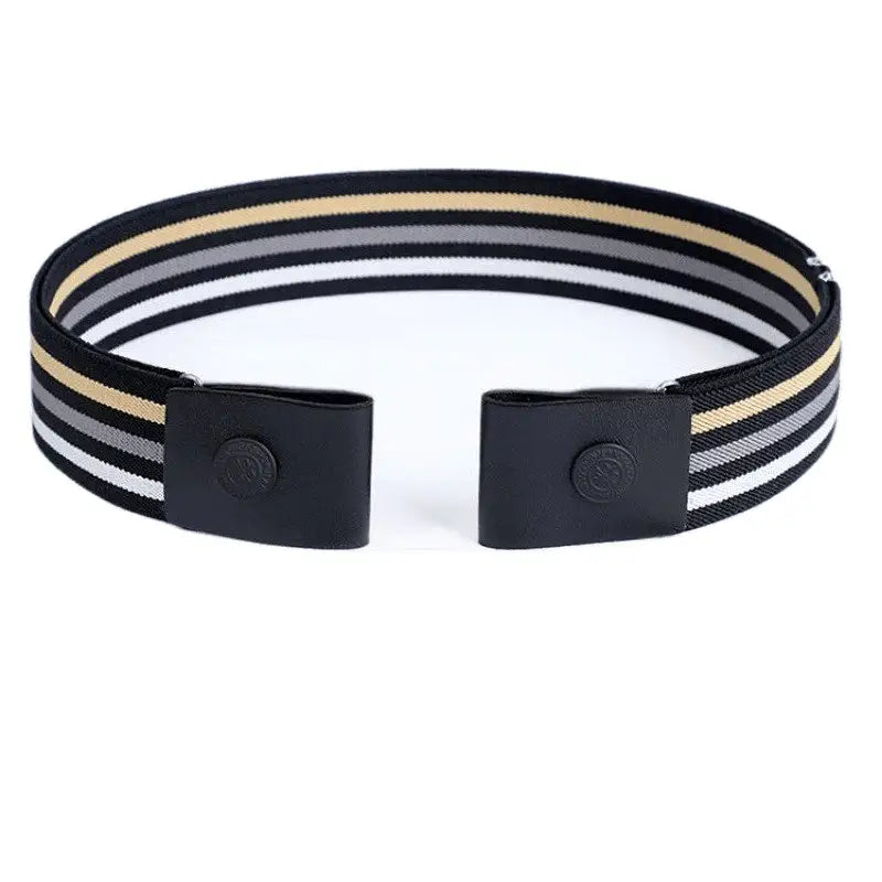 Striped elastic belt featuring magnetic and snap closures for secure fit
