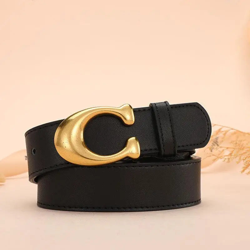 Irine Faux Leather Belt with Gold C-shaped Buckle for Stylish Outfits