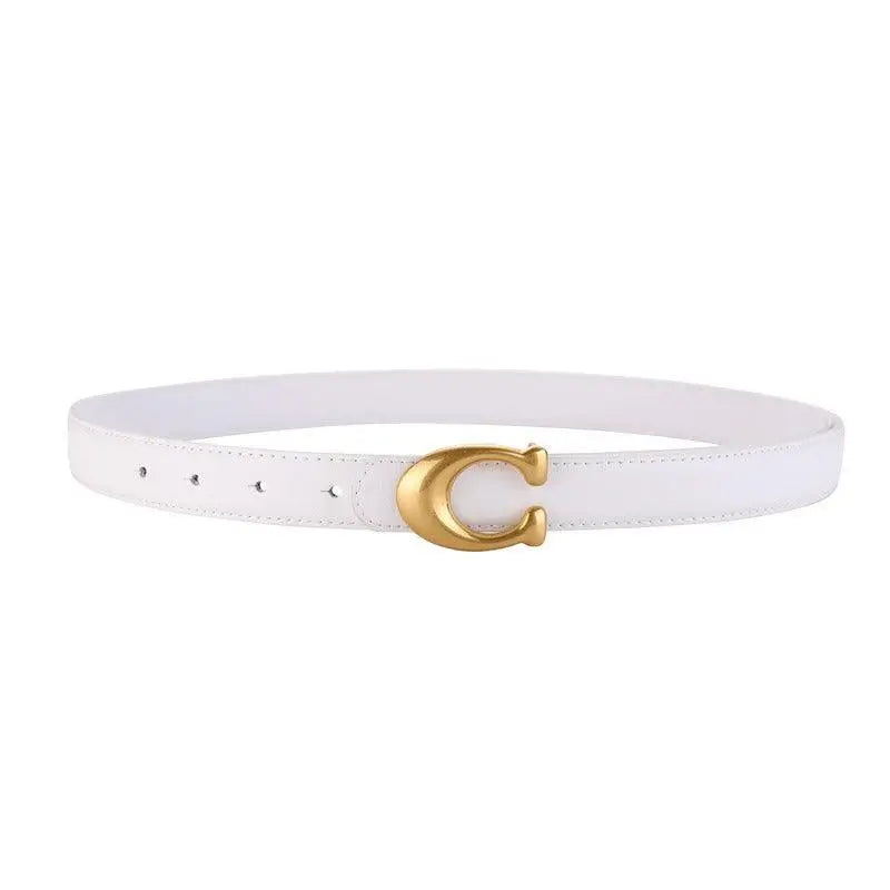 White leather belt with gold C-shaped buckle, Irine faux leather belt for stylish outfits