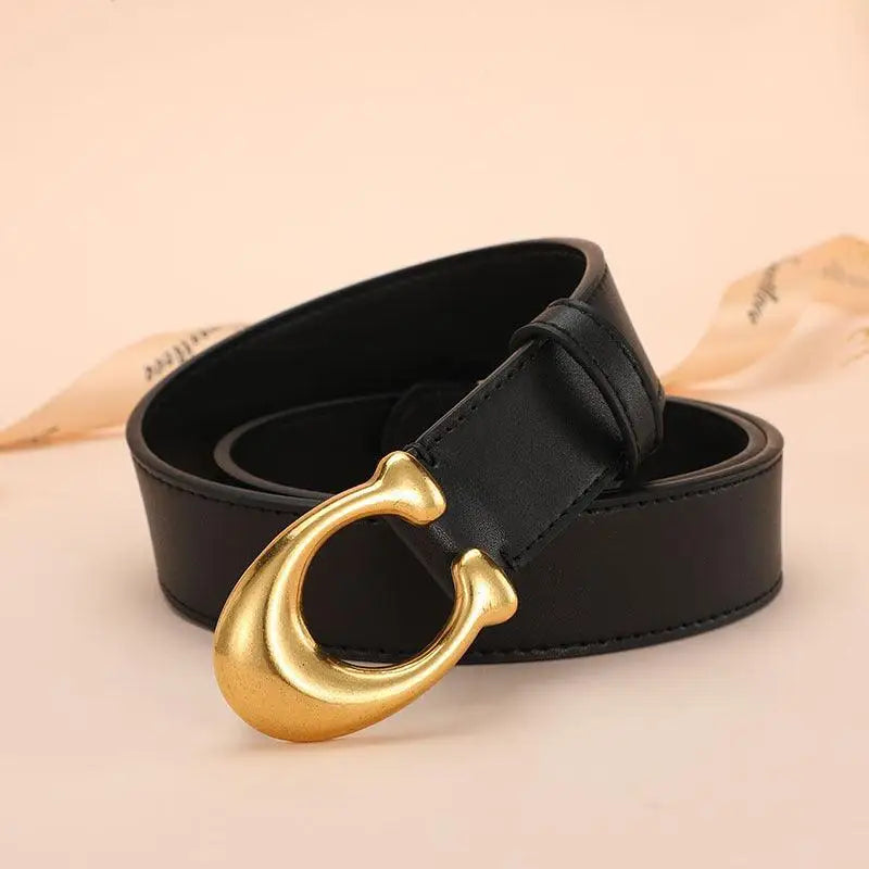 Irine Faux Leather Belt with Gold C-shaped Buckle for stylish outfits