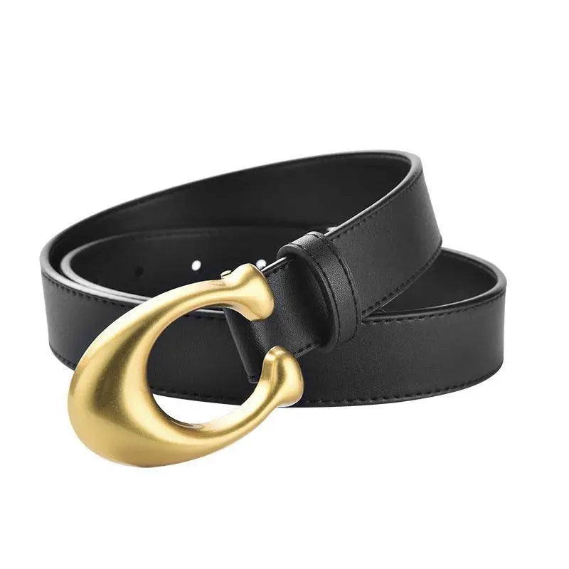 Black Irine Faux Leather Belt with Gold C-shaped buckle for stylish outfits