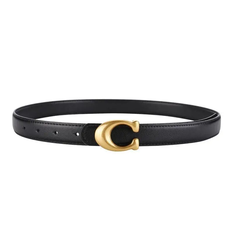 Black faux leather belt with gold C-shaped buckle from Irine Faux Leather for stylish outfits