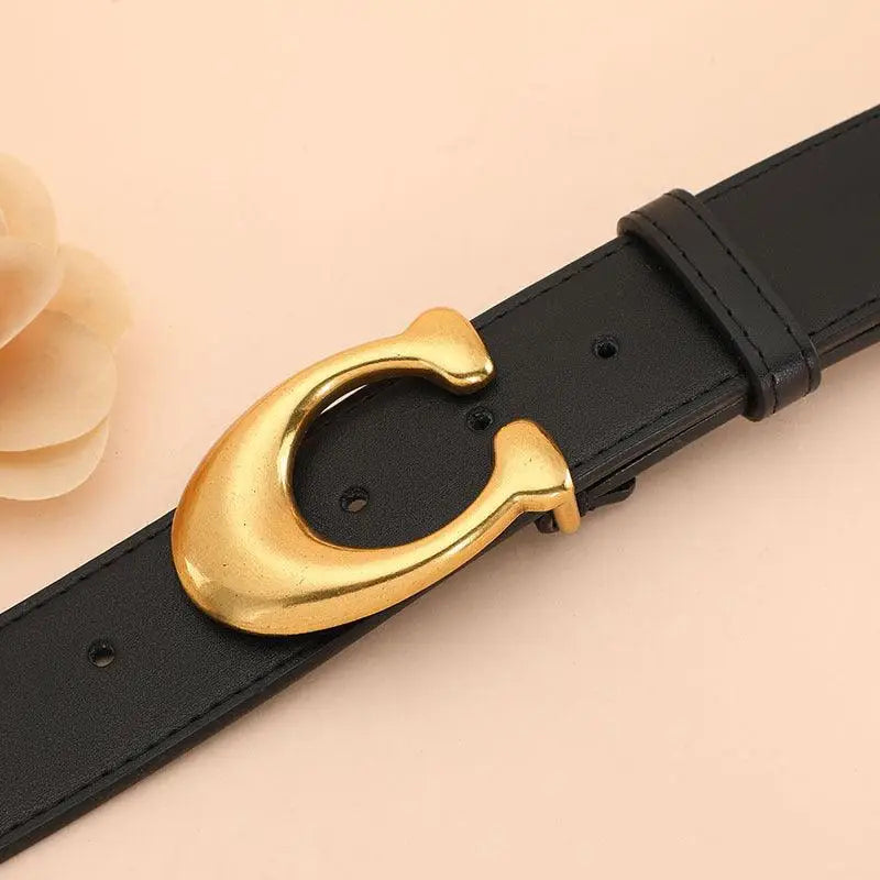 Black faux leather belt with gold C-shaped buckle from Irine Faux Leather collection
